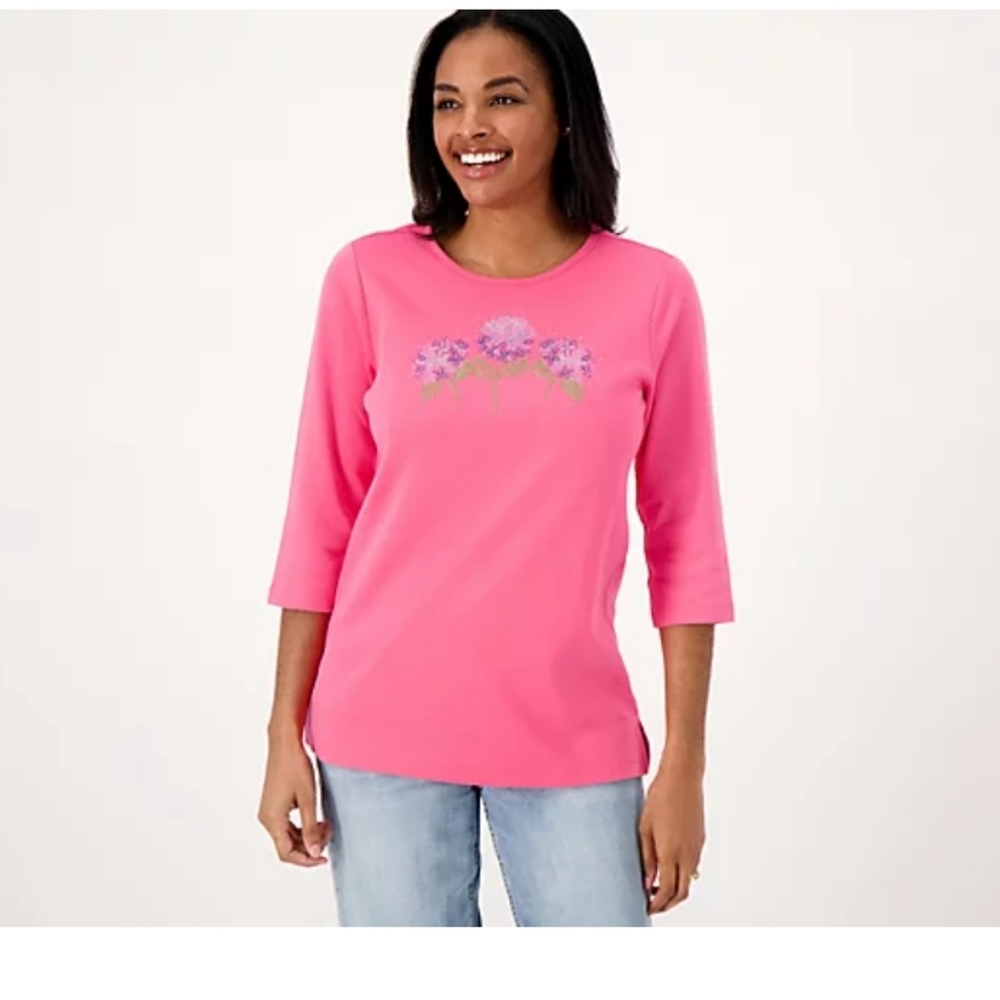 QVC Quacker Factory Garden Party 3/4 Sleeve Top Size 3X Salmon/Hydrange